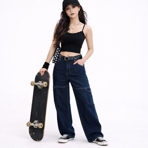 RSQ Dark Blue Girl's Cargo Jeans Y2K Wide Leg Skater Utility Streetwear Size L